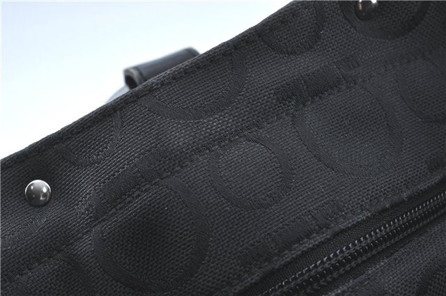Authentic Ferragamo Gancini Logo Canvas Leather Shoulder Tote Bag Black J1877