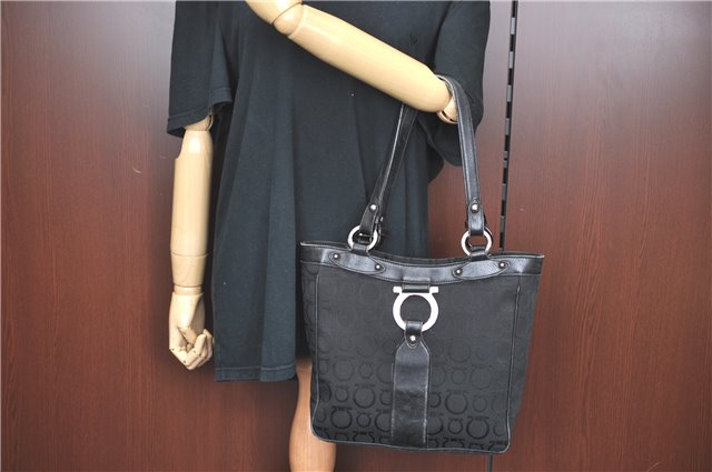 Authentic Ferragamo Gancini Logo Canvas Leather Shoulder Tote Bag Black J1877