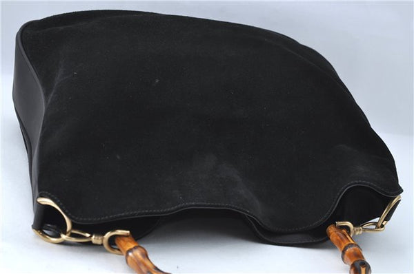 Authentic GUCCI Bamboo 2Way Shoulder Hand Bag Purse Suede Leather Black J1878