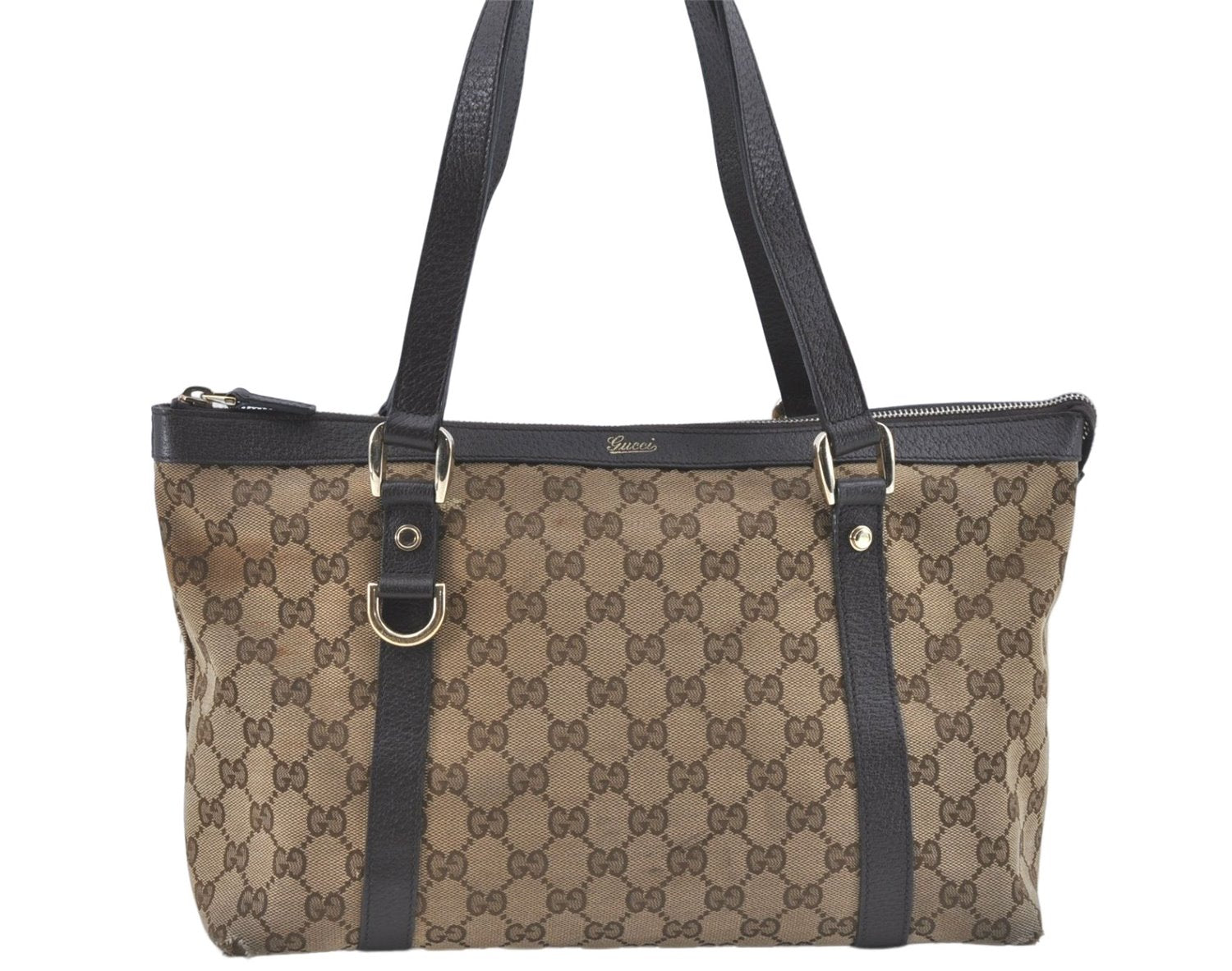 Authentic GUCCI Abbey Shoulder Tote Bag GG Canvas Leather 141470 Brown J1879