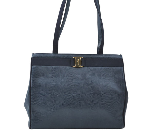 Authentic Salvatore Ferragamo Vara Leather Shoulder Tote Bag Navy Blue SF J1880
