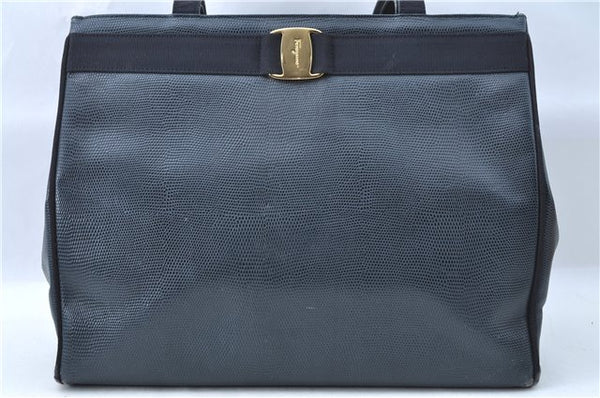 Authentic Salvatore Ferragamo Vara Leather Shoulder Tote Bag Navy Blue SF J1880