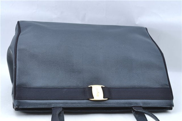 Authentic Salvatore Ferragamo Vara Leather Shoulder Tote Bag Navy Blue SF J1880