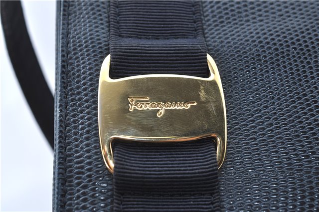 Authentic Salvatore Ferragamo Vara Leather Shoulder Tote Bag Navy Blue SF J1880