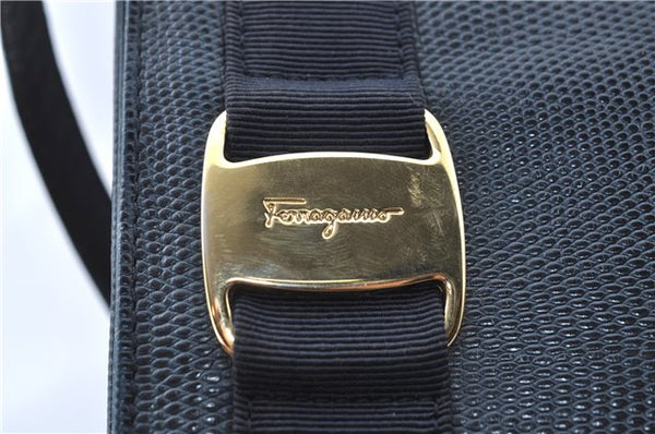 Authentic Salvatore Ferragamo Vara Leather Shoulder Tote Bag Navy Blue SF J1880