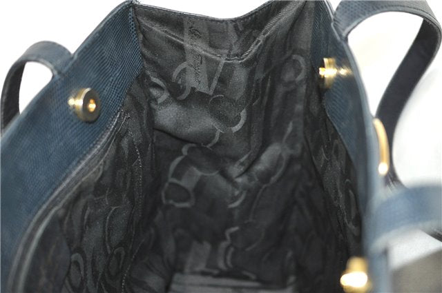 Authentic Salvatore Ferragamo Vara Leather Shoulder Tote Bag Navy Blue SF J1880