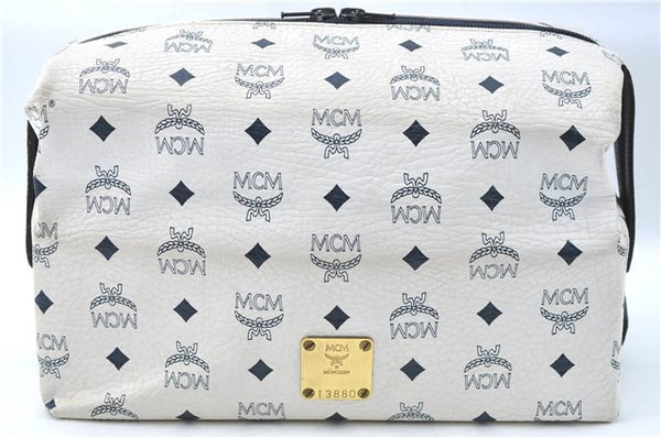 Authentic MCM Visetos Leather Vintage Clutch Hand Bag Purse White J1883