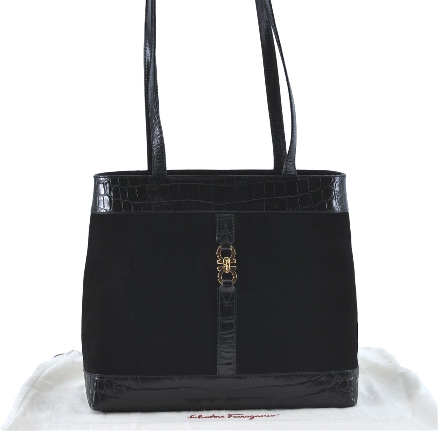Authentic Ferragamo Gancini Velor Leather Shoulder Tote Bag Black J1885
