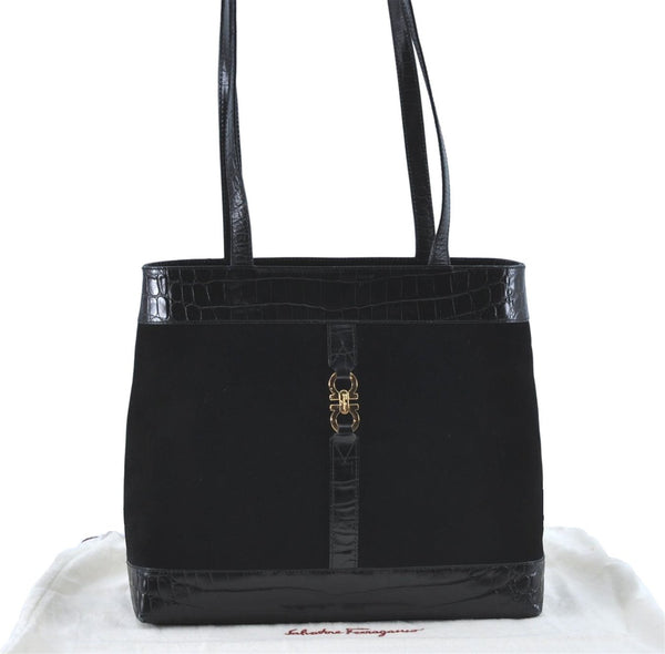 Authentic Ferragamo Gancini Velor Leather Shoulder Tote Bag Black J1885
