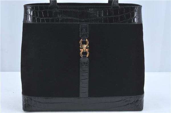 Authentic Ferragamo Gancini Velor Leather Shoulder Tote Bag Black J1885