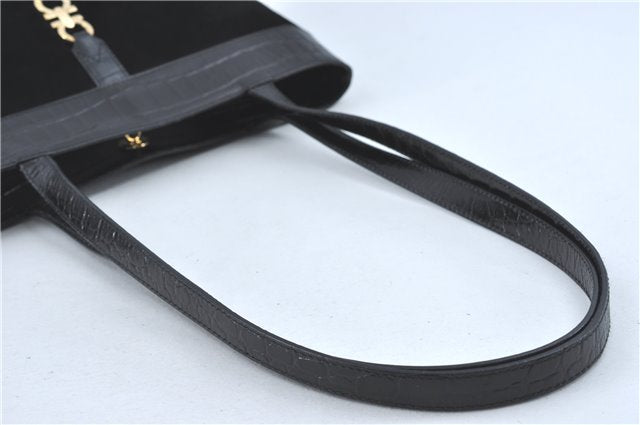 Authentic Ferragamo Gancini Velor Leather Shoulder Tote Bag Black J1885