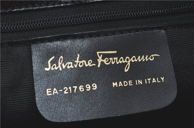 Authentic Ferragamo Gancini Velor Leather Shoulder Tote Bag Black J1885