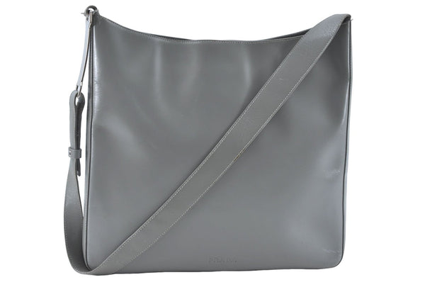 Authentic PRADA Leather Nappa Shoulder Cross Body Bag Purse Gray J1887