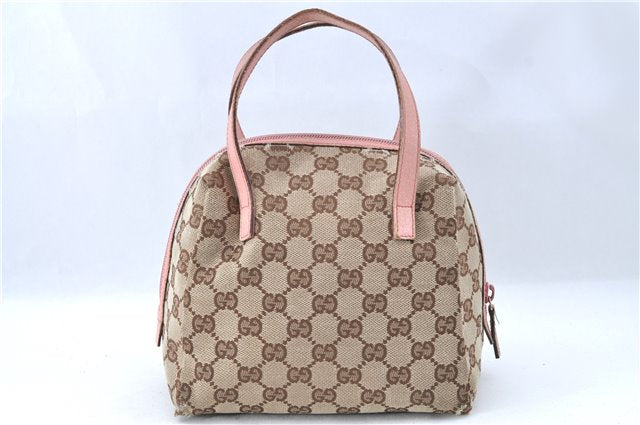 Authentic GUCCI Hand Bag Purse GG Canvas Leather 124542 Brown Light Pink J1889