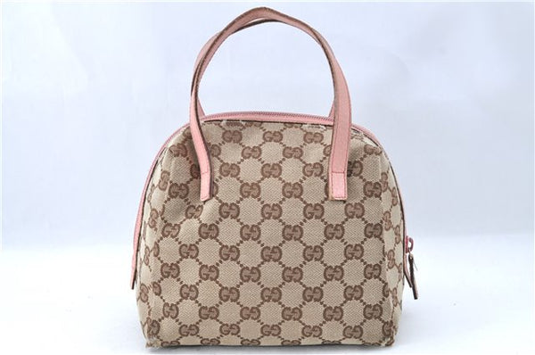 Authentic GUCCI Hand Bag Purse GG Canvas Leather 124542 Brown Light Pink J1889