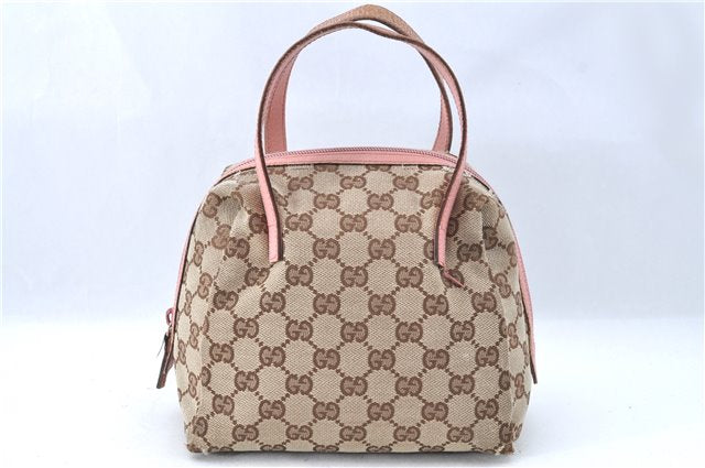 Authentic GUCCI Hand Bag Purse GG Canvas Leather 124542 Brown Light Pink J1889