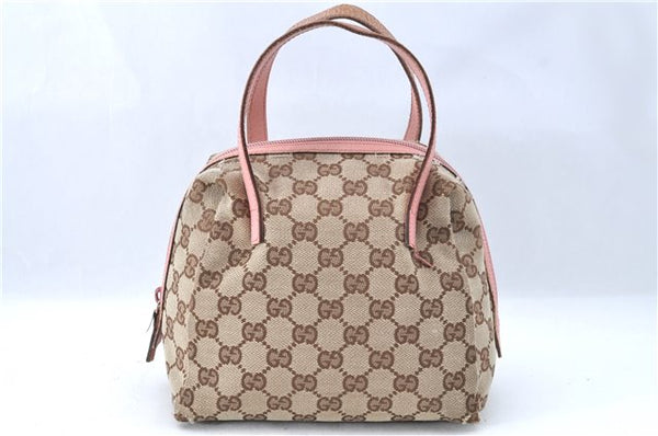 Authentic GUCCI Hand Bag Purse GG Canvas Leather 124542 Brown Light Pink J1889