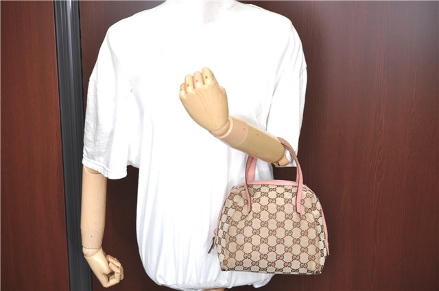 Authentic GUCCI Hand Bag Purse GG Canvas Leather 124542 Brown Light Pink J1889