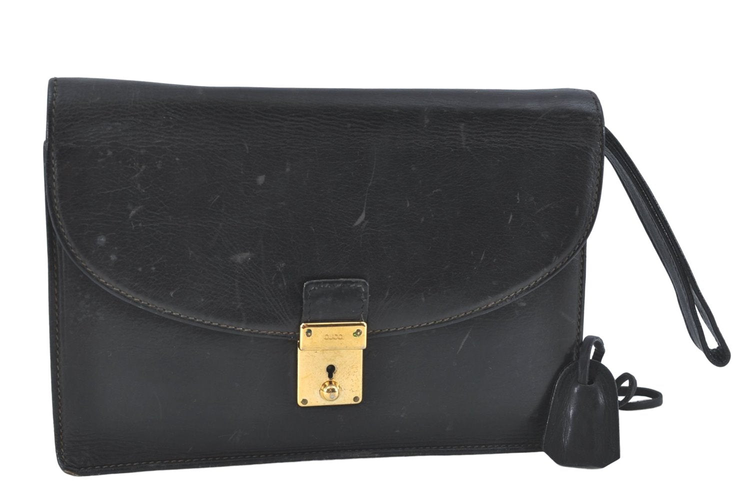 Authentic GUCCI Clutch Hand Bag Purse Leather Black J1891