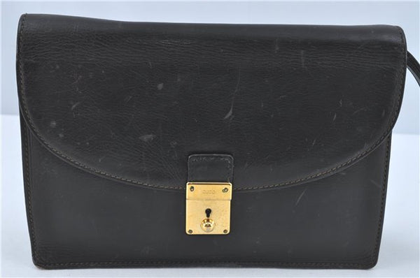 Authentic GUCCI Clutch Hand Bag Purse Leather Black J1891