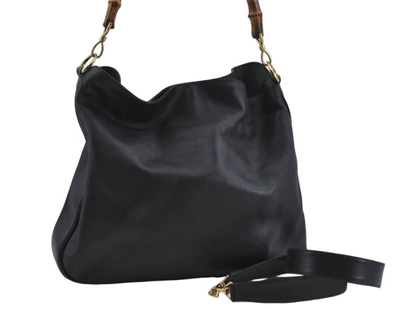 Authentic GUCCI Bamboo 2Way Shoulder Hand Bag Leather Black Junk J1896