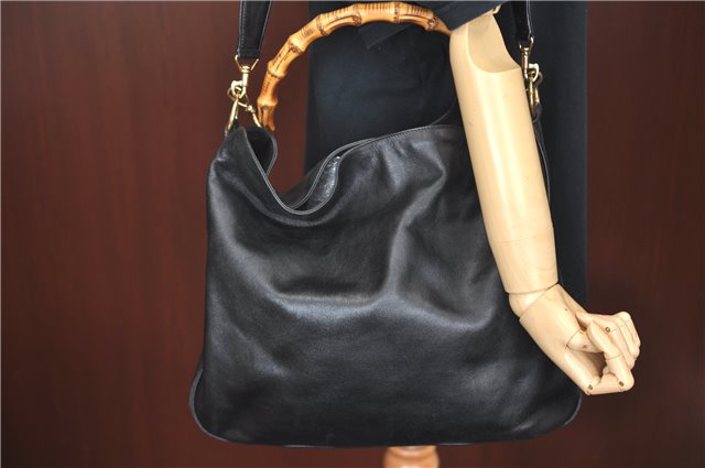 Authentic GUCCI Bamboo 2Way Shoulder Hand Bag Leather Black Junk J1896