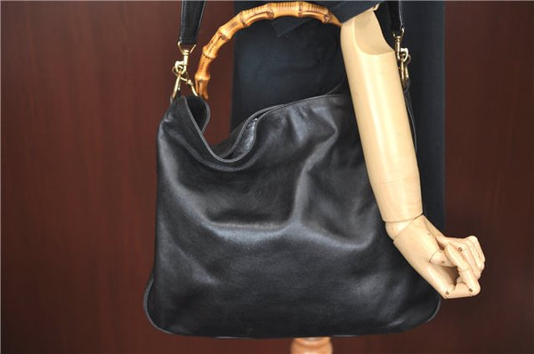 Authentic GUCCI Bamboo 2Way Shoulder Hand Bag Leather Black Junk J1896