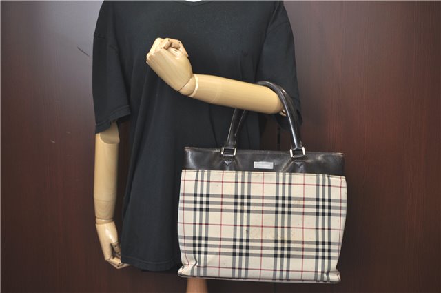 Authentic BURBERRY Vintage Nova Check Hand Bag Purse Nylon Leather Beige J1899