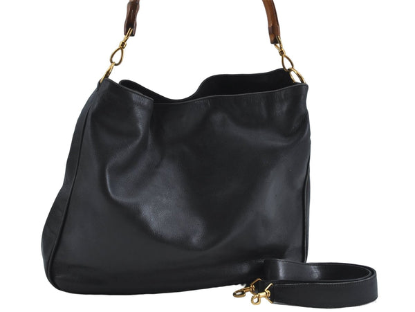 Authentic GUCCI Bamboo 2Way Shoulder Hand Bag Leather Black 0011577 Junk J1904