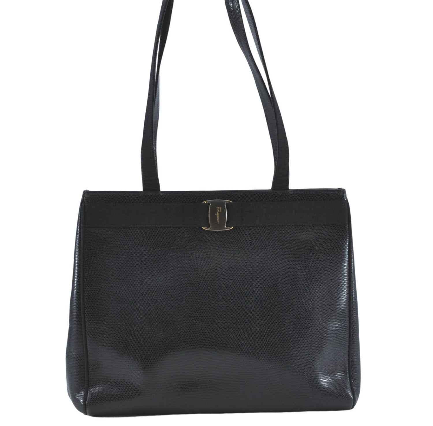 Authentic Salvatore Ferragamo Vara Leather Shoulder Tote Bag Black SF J1905