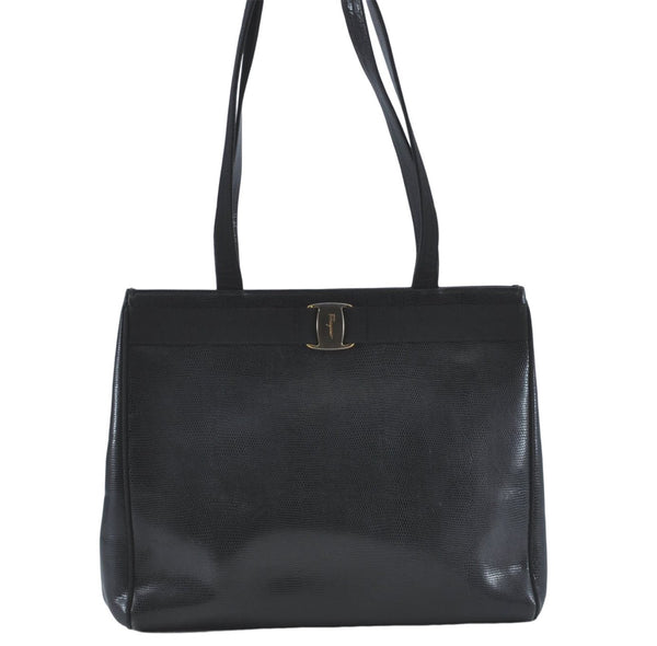 Authentic Salvatore Ferragamo Vara Leather Shoulder Tote Bag Black SF J1905