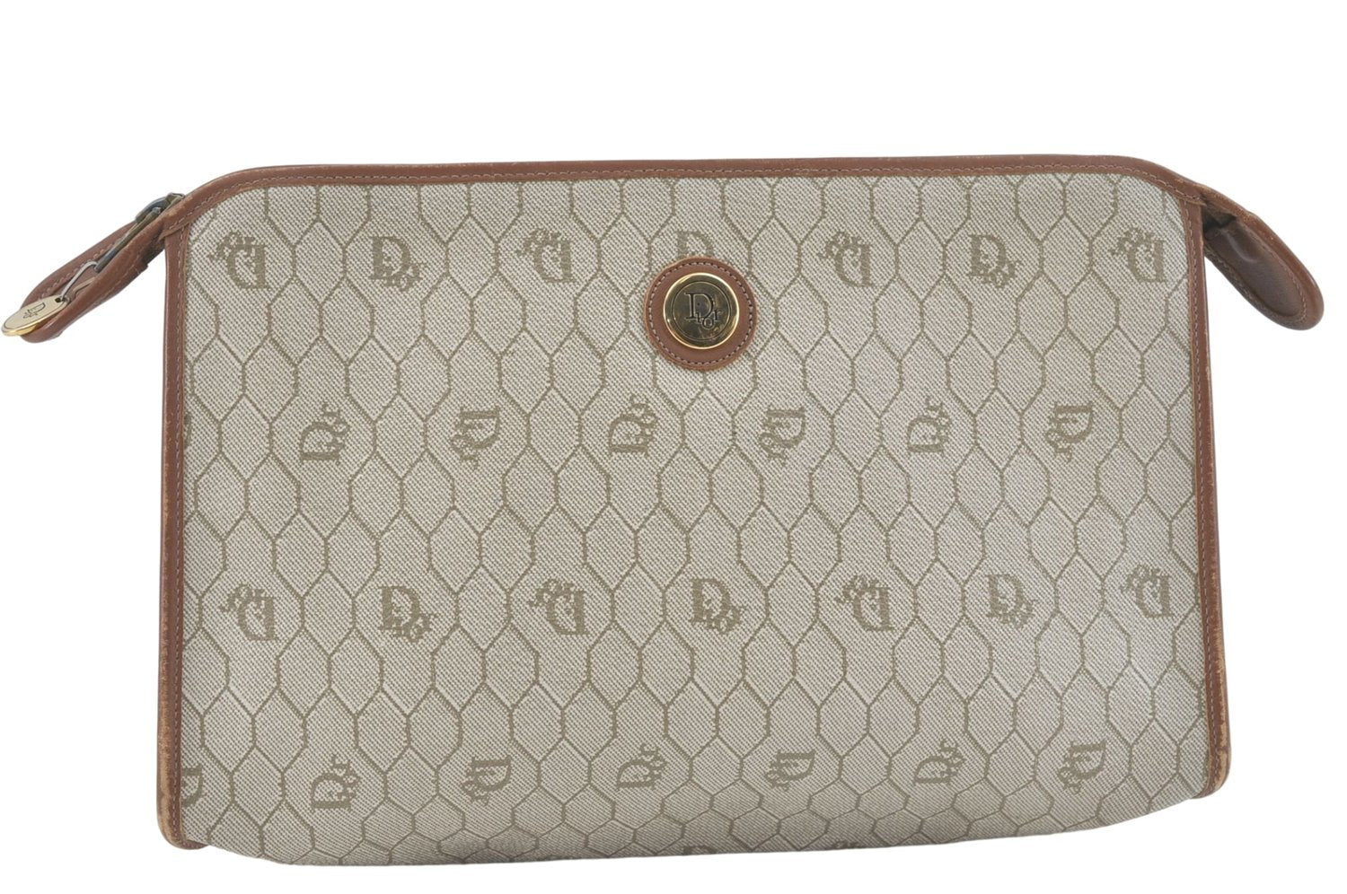 Authentic Christian Dior Honeycomb Clutch Hand Bag Purse PVC Beige CD J1910