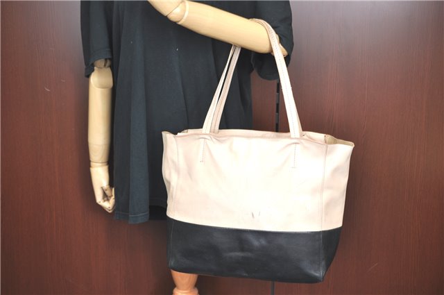 Authentic CELINE Horizontal Cabas Bi-Color Shoulder Tote Bag Leather Ivory J1911