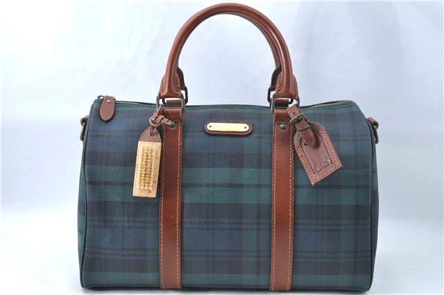 Auth POLO Ralph Lauren Vintage Check PVC Leather Travel Boston Bag Green J1914