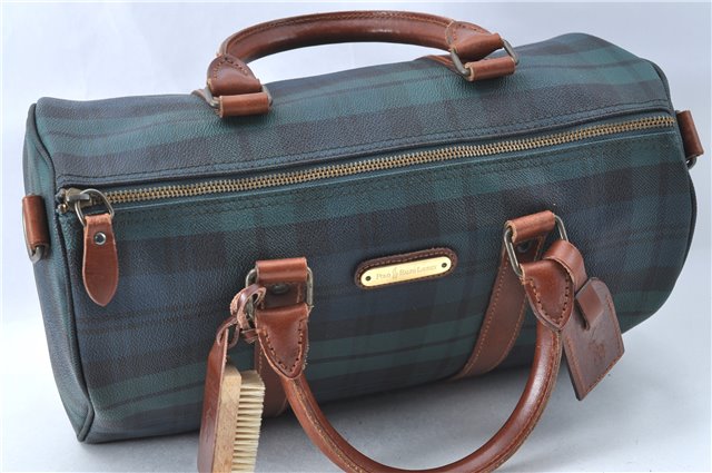 Auth POLO Ralph Lauren Vintage Check PVC Leather Travel Boston Bag Green J1914