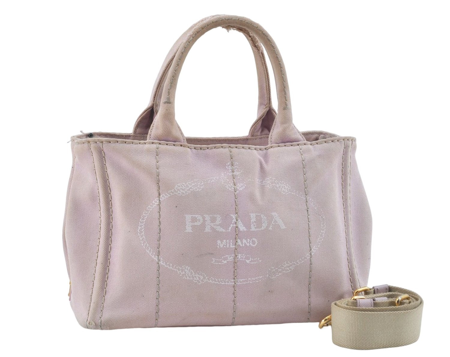 Authentic PRADA Canapa SS 2Way Shoulder Hand Bag Purse Canvas Light Pink J1916