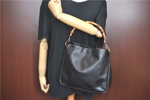 Authentic GUCCI Bamboo Hand Tote Bag Purse Leather 0011638 Black Junk J1918