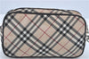 Auth BURBERRY BLUE LABEL Nova Check Hand Bag Pouch Nylon Leather Beige J1920