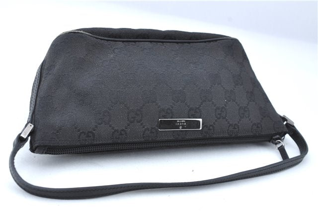 Authentic GUCCI Hand Bag Pouch Purse GG Canvas Leather 07198 Black J1923