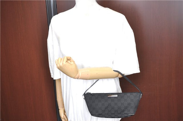 Authentic GUCCI Hand Bag Pouch Purse GG Canvas Leather 07198 Black J1923