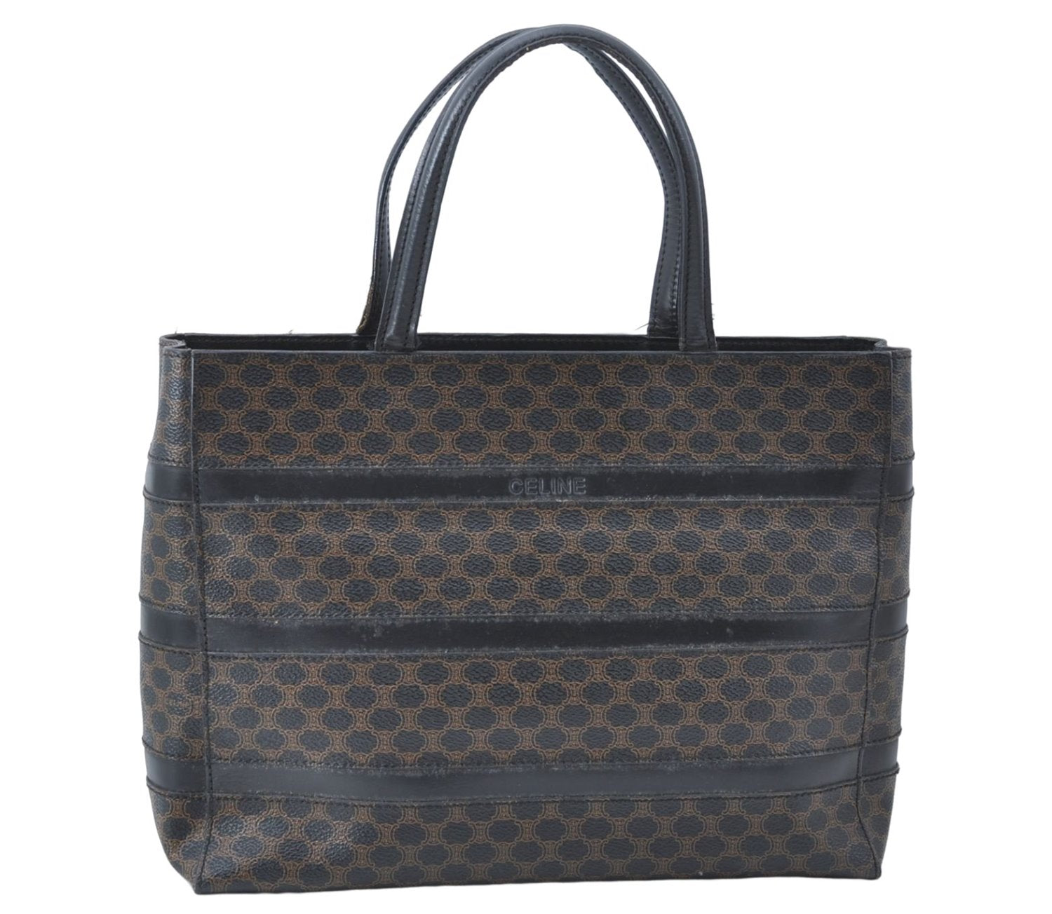 Authentic CELINE Macadam Blason Pattern Hand Bag Purse PVC Leather Black J1937