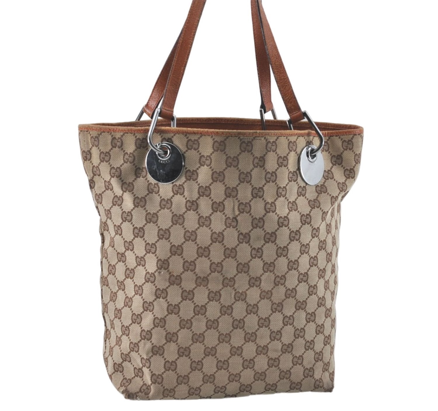 Authentic GUCCI Eclipse Shoulder Tote Bag GG Canvas Leather 120836 Brown J1939