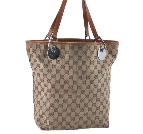Authentic GUCCI Eclipse Shoulder Tote Bag GG Canvas Leather 120836 Brown J1939
