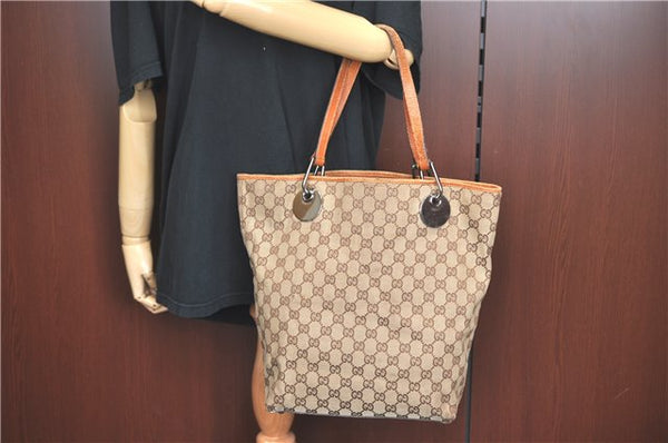Authentic GUCCI Eclipse Shoulder Tote Bag GG Canvas Leather 120836 Brown J1939