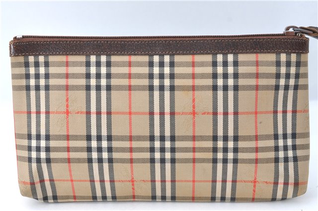 Authentic Burberrys Nova Check Canvas Pouch Purse Brown Beige J1941