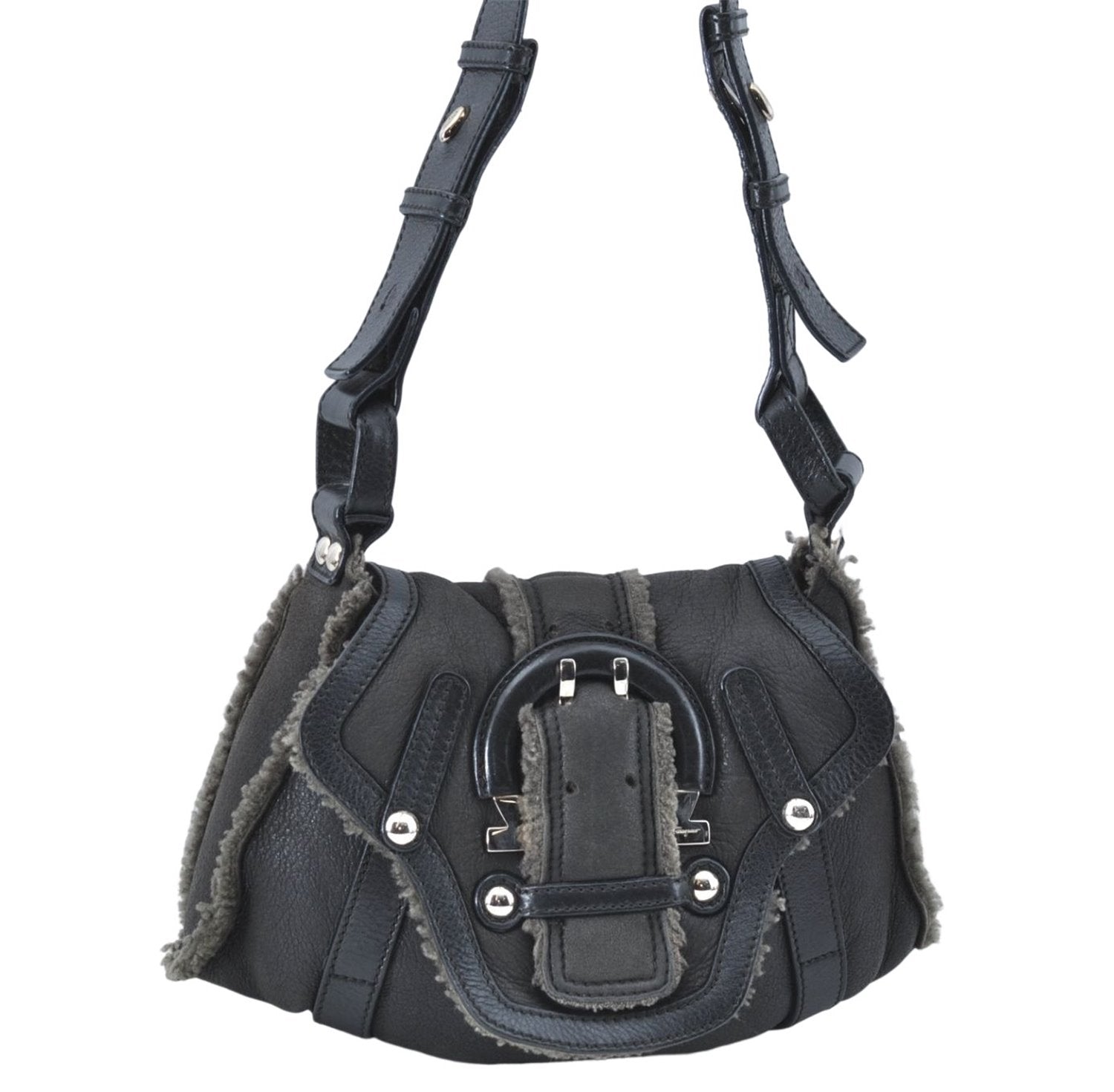 Authentic Ferragamo Gancini Leather Mouton Shoulder Bag Purse Black J1966