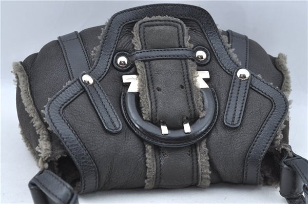 Authentic Ferragamo Gancini Leather Mouton Shoulder Bag Purse Black J1966