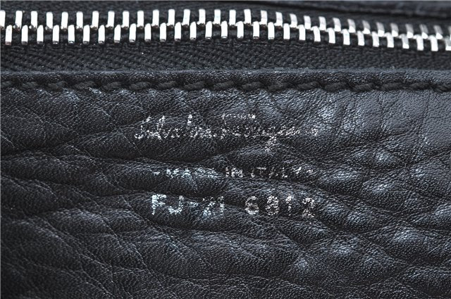 Authentic Ferragamo Gancini Leather Mouton Shoulder Bag Purse Black J1966
