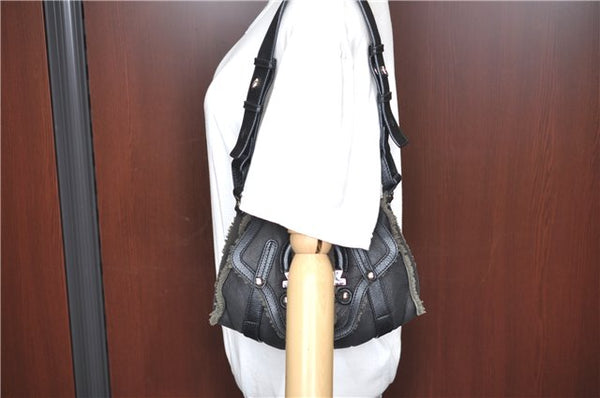 Authentic Ferragamo Gancini Leather Mouton Shoulder Bag Purse Black J1966