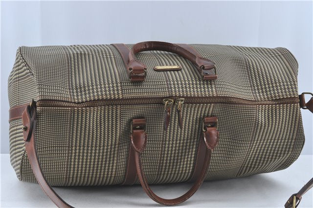 Auth POLO Ralph Lauren Vintage Check PVC Leather Travel Boston Bag Brown J1967